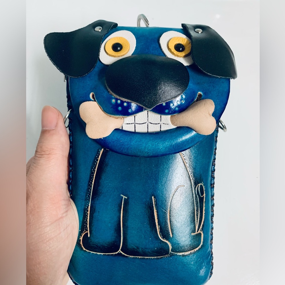 Handmade Blue Leather Smiling Puppy Handbag